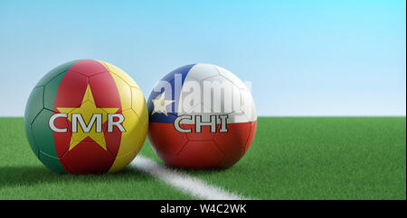 Chile gegen Cameroon Fußball Match - Fußball-Kugeln in Chile und Kamerun nationalen Farben auf einem Fußballfeld. Kopieren Sie Platz auf der rechten Seite - 3D-Rendering Stockfoto