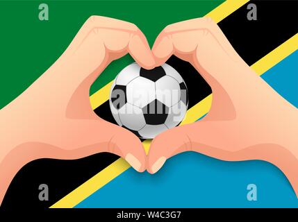 Tansania Fahne und Hand Herz Form. Nationale Fußball-Hintergrund. Fußball mit Flagge Tansania Vector Illustration Stock Vektor