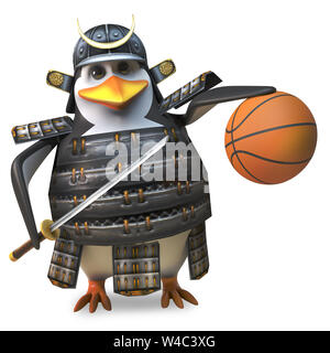 Pinguin Samurai Krieger in Rüstung mit einem Basketball und Katana Schwert, 3d-Grafik rendern Stockfoto