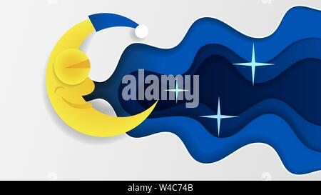 Nachthimmel Art Design Moon Star Papier Cartoon schlafen Vector Illustration Stock Vektor