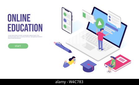 Online Bildung Konzept. 3d-isometrische Flachbild Banner Design. Für web, Infografik oder Drucken. Vector Illustration Stock Vektor