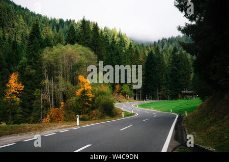 Kurvenreiche Straße im dichten Wald im Bereich der Dachstein in Alpen, Österreich Stockfoto