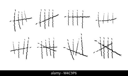 Gefängnis Symbole, Gefängnis zählstriche. Hand gezeichneten Linien oder Sticks, Anschläge, die von vier sortiert und durchgestrichen. Vector Illustration. Stock Vektor