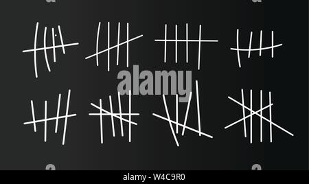 Gefängnis Symbole, Gefängnis zählstriche. Hand gezeichneten Linien oder Sticks, Anschläge, die von vier sortiert und durchgestrichen. Vector Illustration. Stock Vektor