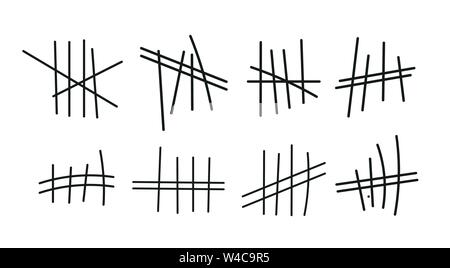 Gefängnis Symbole, Gefängnis zählstriche. Hand gezeichneten Linien oder Sticks, Anschläge, die von vier sortiert und durchgestrichen. Vector Illustration. Stock Vektor