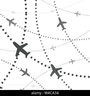 Flugzeuge Muster. Flugzeuge mit gepunkteten Weg Richtung. Avia reise Hintergrund Konzept. Vector Illustration. Stock Vektor