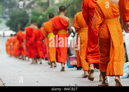 Laotische buddhistische Mönche zu Fuß entlang der Straße während der Morgen Almosen Preisverleihung in Luang Prabang, Laos Stockfoto