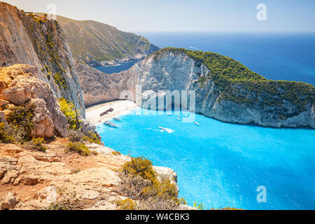 Ship Wreck Beach. Navagio Bay. Griechenland. Die beliebtesten natürliche Wahrzeichen von Zakynthos, der griechischen Insel im Ionischen Meer Stockfoto