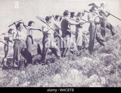 Weibliche jüdische Pioniere (Chalutzot) freudig Marching in einem Feld zu arbeiten. In Palästina/Israel ca. 1940 fotografiert. Stockfoto