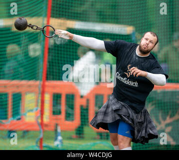 20. Juli 2019. Tomintoul Highland Games, Tomintoul, Moray, Schottland, Großbritannien. Dies ist eine Szene aus dem 175-Spiele. Bild Inhalt: - Craig Winslow mit der Stockfoto