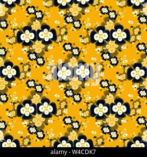Schwarze Blumen auf gelben Hintergrund nahtlose Muster Stock Vektor