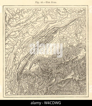 Die Jura. Die Schweiz. See Genf Neuenburg. Kartenskizze 1886 alte antike Stockfoto
