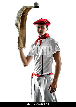 Eine kaukasische Jai Alai baskische Pelota Cesta Punta player Mann auf weißem Hintergrund silhouette isoliert Stockfoto