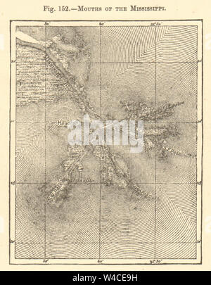 Mund der Mississippi. Louisiana. Kartenskizze 1886 alte antike Grafik Stockfoto