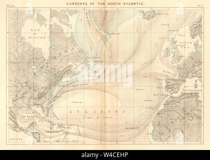 Ströme des Nordatlantik 1886 alte antike vintage Karte plan plan Stockfoto