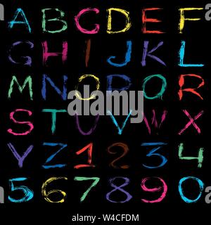 Farbige graffiti Alphabet und Zahlen auf schwarzem Hintergrund Vector Illustration Stock Vektor