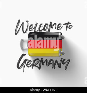 Willkommen in Deutschland. nationale Flagge auf einem Reisekoffer. 3D-Rendering Stockfoto