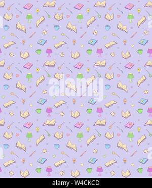 Nahtlose Muster mit Bücher, Lampen, Stifte und Tassen, Vektor, Abbildung Stock Vektor