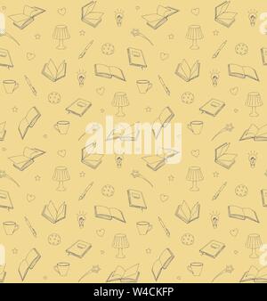 Nahtlose Muster mit Bücher, Lampen, Stifte und Tassen, Vektor, Abbildung Stock Vektor