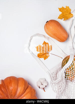 Kreative herbst Komposition mit Kürbissen und trockene Blätter auf weißem Hintergrund, Ansicht von oben Stockfoto