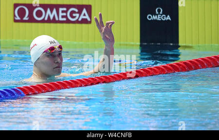 Gwangju, Südkorea. 22. Juli, 2019. Sun Yang von China feiert nach den Herren 200m Freistil Halbfinale bei der Gwangju 2019 FINA Weltmeisterschaft in Gwangju, Südkorea, 22. Juli 2019. Credit: Tao Xiyi/Xinhua/Alamy leben Nachrichten Stockfoto