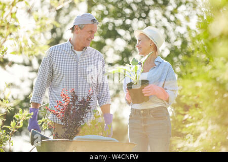 Taille bis Portrait von Happy senior Paar zu Fuß in Richtung Kamera im Garten drücken Warenkorb mit Pflanzen Stockfoto