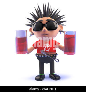 Ein gerendertes Bild eines 3d cartoon Teufelskreis punk rock Charakter halten zwei Gläser trinken Stockfoto