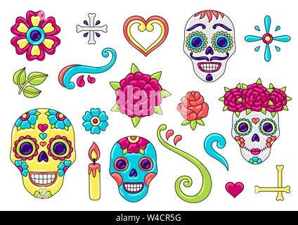 Tag der Toten Elemente festlegen. Zucker Schädel mit floralen Ornament. Stock Vektor