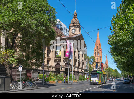 Mit der Straßenbahn vor der Melbourne Town Hall auf die Swanston Street mit Blick auf die St Paul's Kathedrale, Melbourne, Victoria, Australien Stockfoto