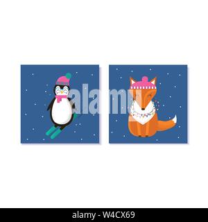 Satz von süßes Geschenk zu Weihnachten Karten mit Tieren. Einladung für Frohe Weihnachten. Merry und helle, warme Wünsche, magische Momente. Leicht bearbeitbaren Vorlage. Stock Vektor