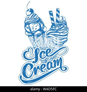 Eis-Logo, kalligraphische Text von Hand gezeichnet Vektor-illustration realistische Skizze Stock Vektor