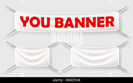 Weiß textil Banner mit Falten Vorlage festlegen. Separate Schatten. Baumwolle und Leinen, Flagge leer, Werbung leer. Stock Vektor