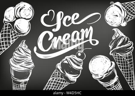 Eiscreme set Hand gezeichnet Vektor-illustration Skizze, in Kreide auf einer Tafel gezeichnet Stock Vektor