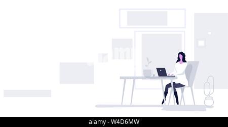 Geschäftsfrau am Arbeitsplatz business Frau sitzt mit Laptop Computer Arbeitsprozess Konzept moderne Büro innen Skizze horizontal Stock Vektor