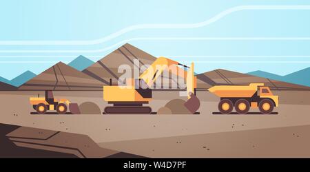 Schwere Hydraulikbagger laden Boden auf Dump Truck professionelle Ausrüstung arbeiten an Coal Mine Produktion Bergbau Verkehr Konzept Tagebau Steinbruch Stock Vektor