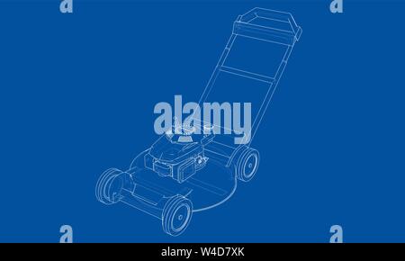 Umrisse Rasenmäher Vektor. Wire-frame Stil. Die Schichten des sichtbaren und unsichtbaren Linien. 3D-Darstellung Stock Vektor