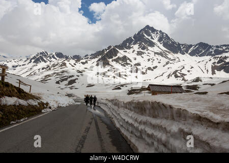 Blick von der Gavia Pass, eine alpine Pass von der südlichen Rhätischen Alpen, Kennzeichnung die administrative Grenze zwischen den Provinzen Sondrio und Brescia Stockfoto