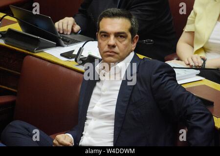 Athen, Griechenland. 20. Juli 2019. Präsident von SYRIZA, Alexis Tsipras, während des ersten Tages der politischen Erklärungen der neuen griechischen Regierung im griechischen Parlament in Athen gesehen. Credit: Giorgos Zachos/SOPA Images/ZUMA Draht/Alamy leben Nachrichten Stockfoto