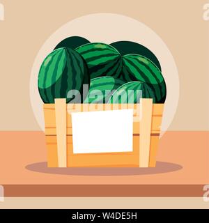 Frische früchte Wassermelonen in Holzkiste Vector Illustration Design Stock Vektor