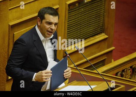 Athen, Griechenland. 20. Juli 2019. Präsident von SYRIZA, Alexis Tsipras, spricht während des ersten Tages der politischen Erklärungen der neuen griechischen Regierung im griechischen Parlament in Athen. Credit: Giorgos Zachos/SOPA Images/ZUMA Draht/Alamy leben Nachrichten Stockfoto