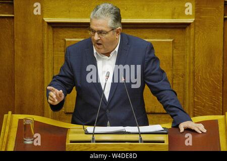 Athen, Griechenland. 20. Juli 2019. Generalsekretär der Kommunistischen Partei Griechenlands, Dimitris Koutsoumbas spricht während des ersten Tages der politischen Erklärungen der neuen griechischen Regierung im griechischen Parlament in Athen. Credit: Giorgos Zachos/SOPA Images/ZUMA Draht/Alamy leben Nachrichten Stockfoto