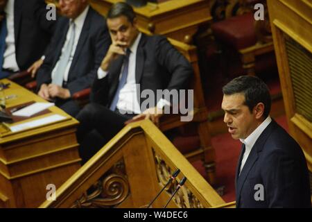 Athen, Griechenland. 20. Juli 2019. Präsident von SYRIZA, Alexis Tsipras, spricht während des ersten Tages der politischen Erklärungen der neuen griechischen Regierung im griechischen Parlament in Athen. Credit: Giorgos Zachos/SOPA Images/ZUMA Draht/Alamy leben Nachrichten Stockfoto
