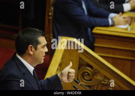 Athen, Griechenland. 20. Juli 2019. Präsident von SYRIZA, Alexis Tsipras, spricht während des ersten Tages der politischen Erklärungen der neuen griechischen Regierung im griechischen Parlament in Athen. Credit: Giorgos Zachos/SOPA Images/ZUMA Draht/Alamy leben Nachrichten Stockfoto