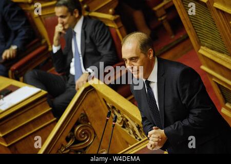 Athen, Griechenland. 20. Juli 2019. Kyriakos Velopoulos spricht während des ersten Tages der politischen Erklärungen der neuen griechischen Regierung im griechischen Parlament in Athen. Credit: Giorgos Zachos/SOPA Images/ZUMA Draht/Alamy leben Nachrichten Stockfoto