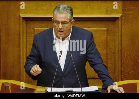 Athen, Griechenland. 20. Juli 2019. Generalsekretär der Kommunistischen Partei Griechenlands, Dimitris Koutsoumbas spricht während des ersten Tages der politischen Erklärungen der neuen griechischen Regierung im griechischen Parlament in Athen. Credit: Giorgos Zachos/SOPA Images/ZUMA Draht/Alamy leben Nachrichten Stockfoto