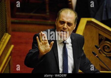 Athen, Griechenland. 20. Juli 2019. Kyriakos Velopoulos spricht während des ersten Tages der politischen Erklärungen der neuen griechischen Regierung im griechischen Parlament in Athen. Credit: Giorgos Zachos/SOPA Images/ZUMA Draht/Alamy leben Nachrichten Stockfoto