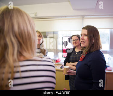 Glasgow, UK. 1. Februar 2019. Jo Swinson MP besucht zeitlose Kunst Reifen Hersteller Klasse. Die Arbeit an einem Projekt namens "Winter Wonderland", das ist die Aufhellung der Milngavie Main Street, Verzierung vorne Costa's Kaffee Fenster mit einem Projekt namens "Sturm in der Teetasse", die die Gruppen kollektive künstlerische Bemühungen zusammen in einem großen Kunstwerk präsentieren wird. Agless Kunst wurde durch East Dunbartonshire Frauen Lynsey Jäger und Geraldine Scott mit dem Ziel, Kunst Kurse für ältere Menschen, die ihre künstlerische Seite durch die Verwendung von verschiedenen Medien zum Ausdruck zu bringen und Menschen zusammen zu bringen gebildet Stockfoto