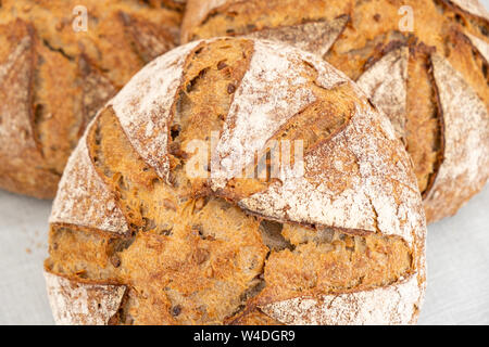 Bio Land Brote mit Sauerteig mit verschiedenen Getreide hergestellt und über einem Holzfeuer gekocht in Frankreich Stockfoto