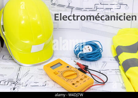Elektromechanische Grafik Ressource mit Home Planen Sicherheitsausrüstung und elektrischen Anlagen (Electromécanicien ist Elektromechanische ingeneer in P. Stockfoto