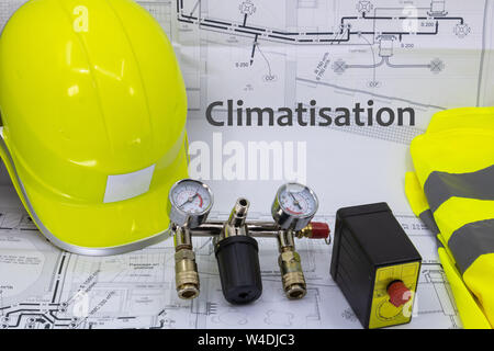 Klimaanlage Grafik Ressource mit Home Planen Sicherheitsausrüstung und Sanitär Anlagen (Klimatisierung, Klimaanlage auf Französisch geschrieben) Stockfoto